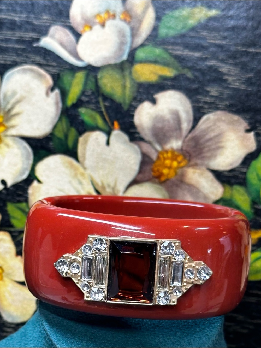 Red Resin Bangle Bracelet with Gemstone Accent